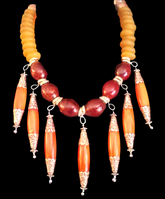 Brown Yellow & Orange Beaded Tribal Statement Necklace - Orange Dangle