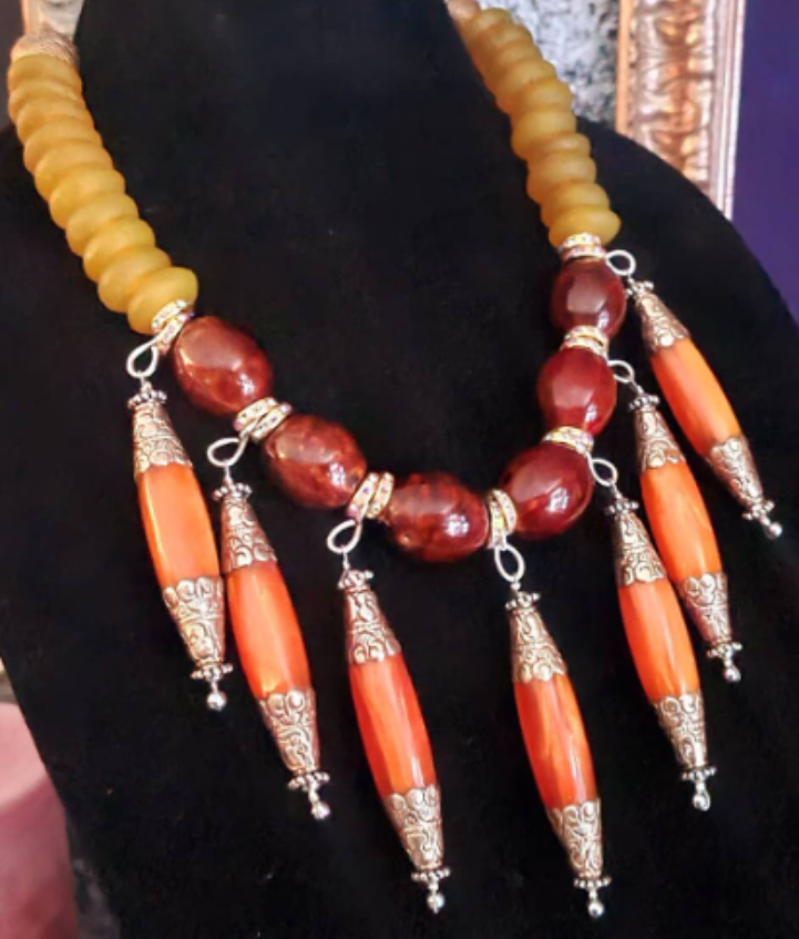 Brown Yellow & Orange Beaded Tribal Statement Luxury Necklace with Orn