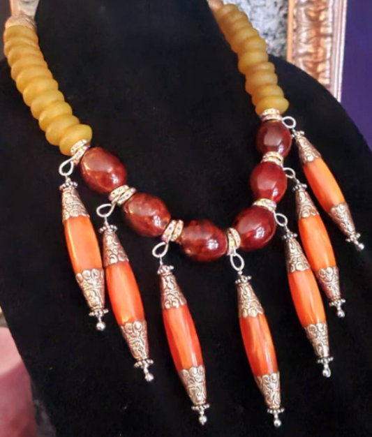 Brown Yellow & Orange Beaded Tribal Statement Necklace - Orange Dangle