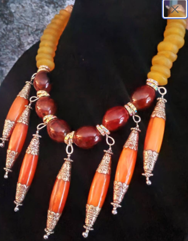 Brown Yellow & Orange Beaded Tribal Statement Luxury Necklace with Orn
