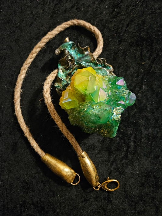 Green Yellow Aura Flame Quartz Sculpted Luxury Gemstone Pendant Boho C