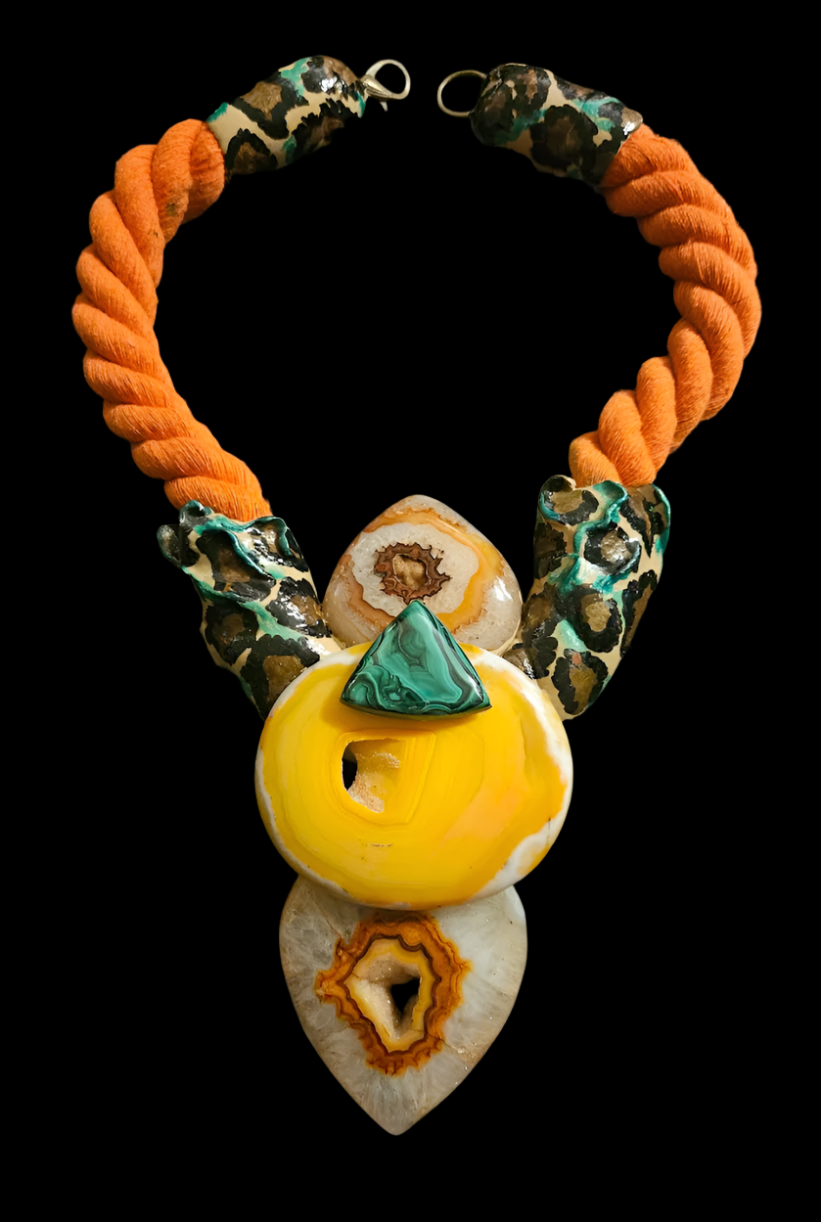 Exotic Sculpted Leopard Jungle Agate Totem On Thick Orange Rope, OO