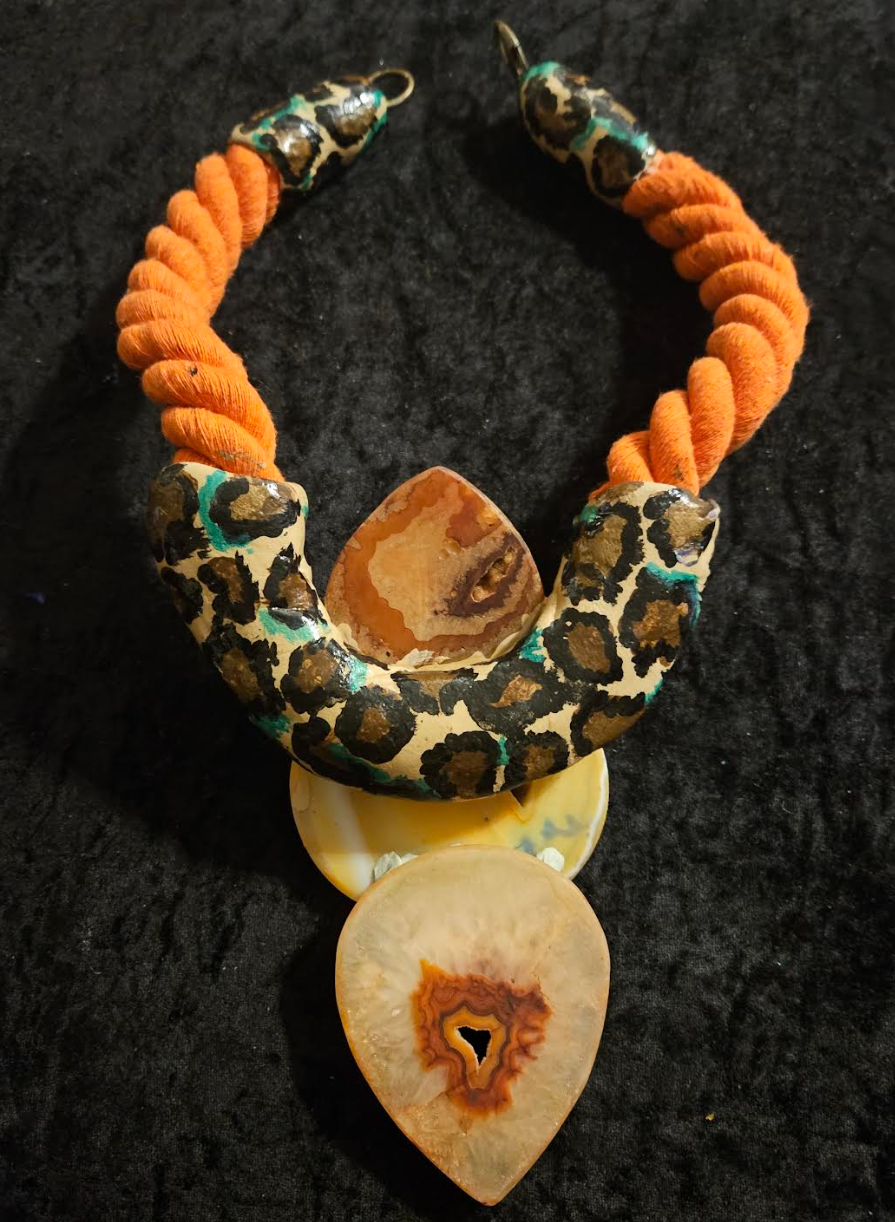 Exotic Sculpted Leopard Jungle Agate Totem On Thick Orange Rope, OO