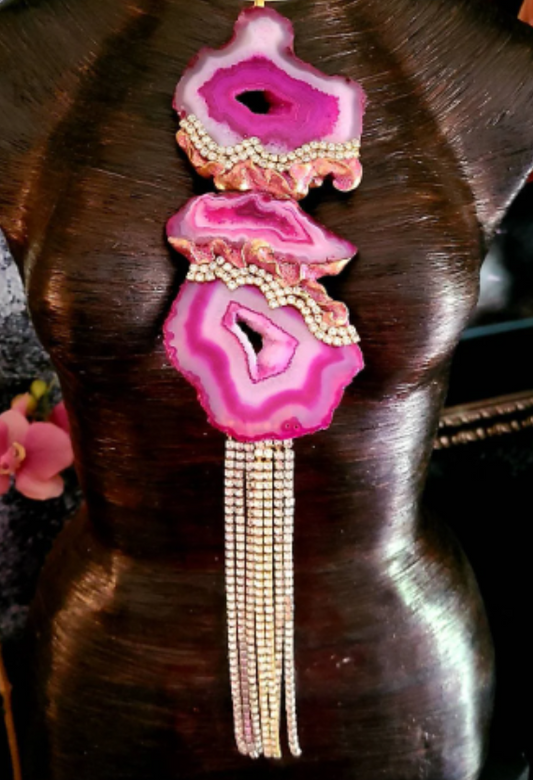 Hot Pink Agate Gemstone Totem Torc Pendant - Rhinestone Fringe