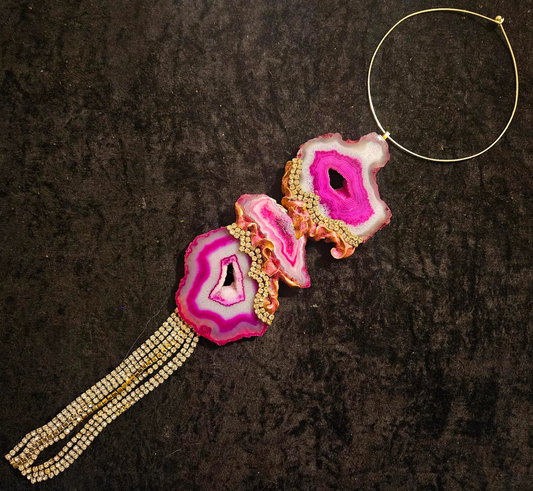 Hot Pink Agate Sculpted Totem Gemstone Pendant with Rhinestone Fringe,