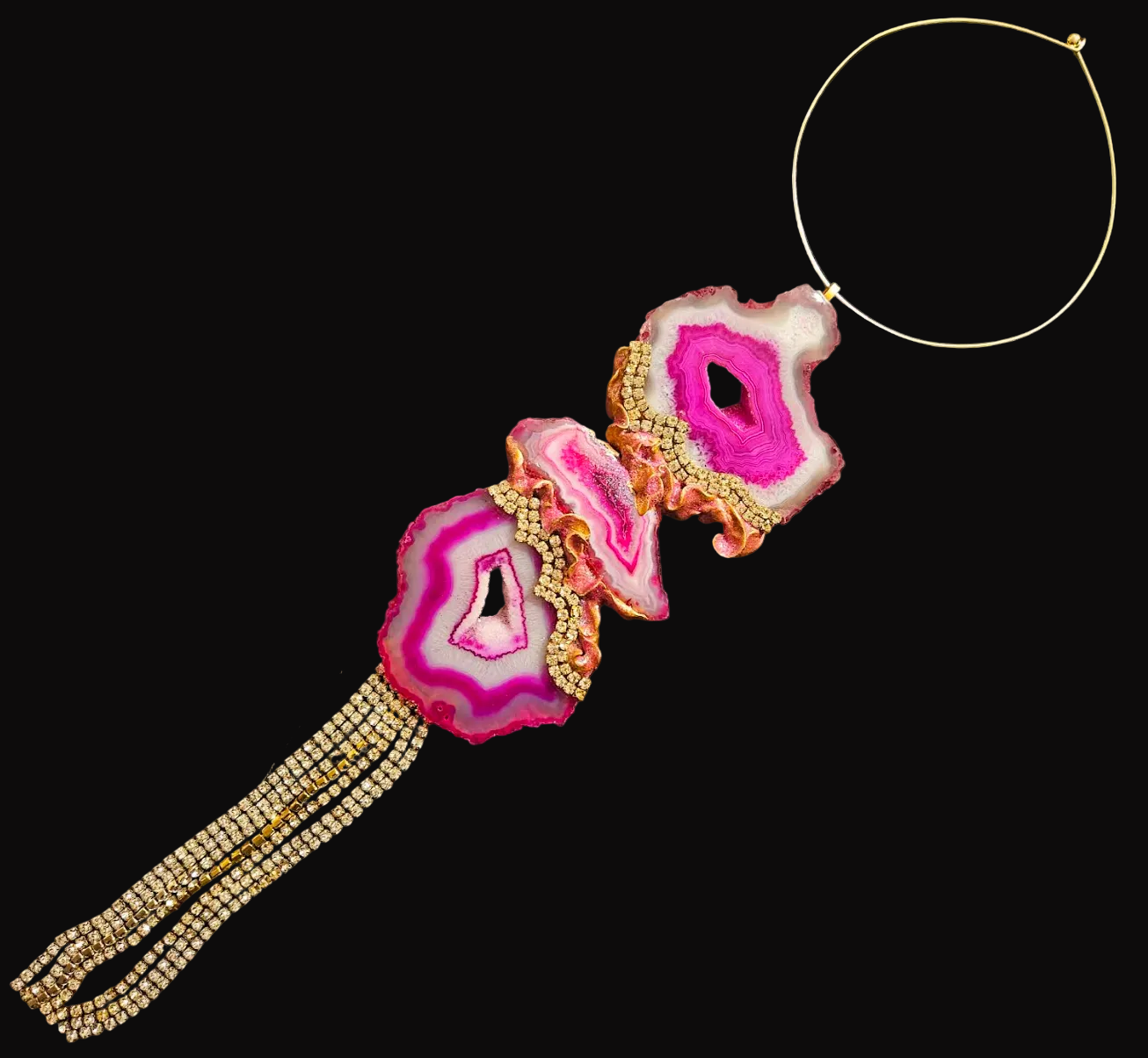 Hot Pink Agate Gemstone Totem Torc Pendant - Rhinestone Fringe