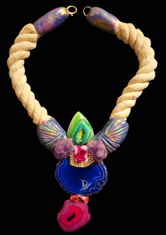 Druzy Agate Gemstone Totem Rope Pendant - Unisex Designed