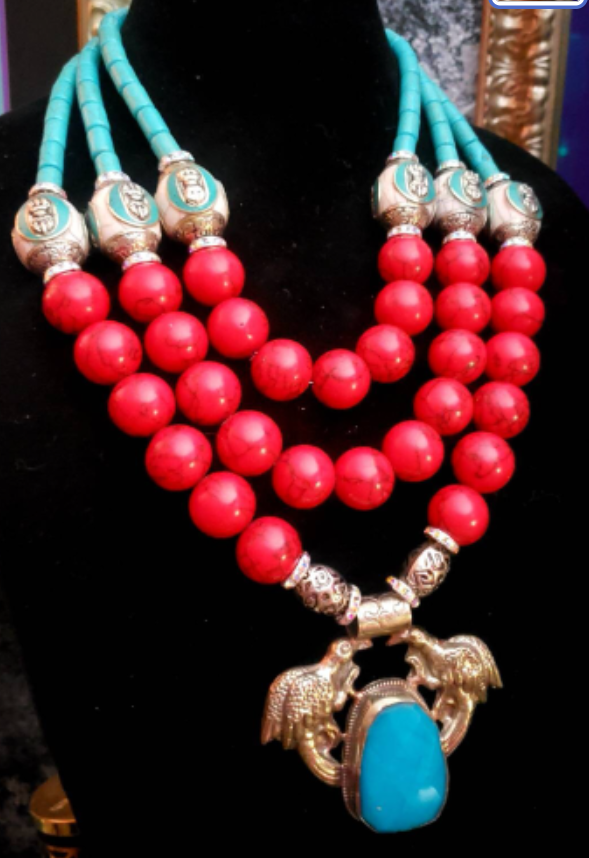 Red White & Blue Beaded Luxury Necklace & Double Bird Gemstone Pendant