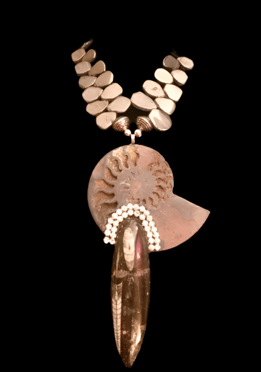 Chest Piece Avant Garde Fossil Orthoceras Ammonite, Pendant Prehistoric Fossil Brown Black Silver, Talisman Mens Exotic