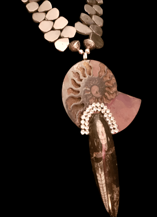 Chest Piece Avant Garde Fossil Orthoceras Ammonite, Pendant Prehistoric Fossil Brown Black Silver, Talisman Mens Exotic