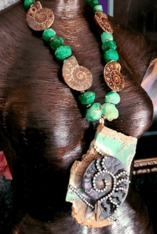 Chest Piece Avant Garde Chrysoprase Slab Ammonite Rhinestone, Statement Pendant Gemstone Fossil Green Brown Black, Jewelry Exotic OOAK Wearable Art