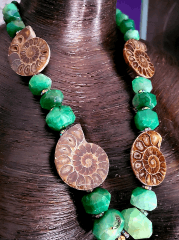 Chest Piece Avant Garde Chrysoprase Slab Ammonite Rhinestone, Statement Pendant Gemstone Fossil Green Brown Black, Jewelry Exotic OOAK Wearable Art