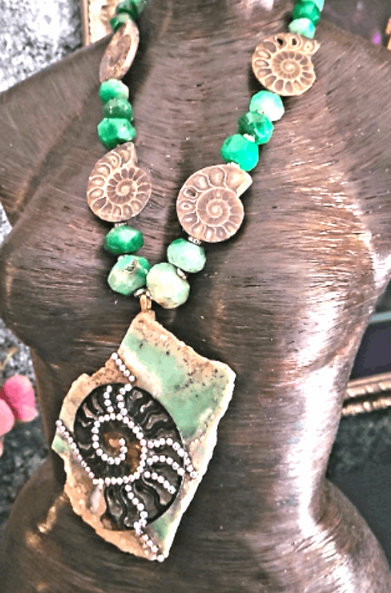 Chest Piece Avant Garde Chrysoprase Slab Ammonite Rhinestone, Statement Pendant Gemstone Fossil Green Brown Black, Jewelry Exotic OOAK Wearable Art