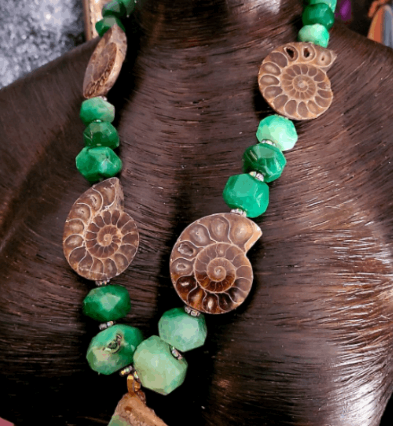 Chest Piece Avant Garde Chrysoprase Slab Ammonite Rhinestone, Statement Pendant Gemstone Fossil Green Brown Black, Jewelry Exotic OOAK Wearable Art