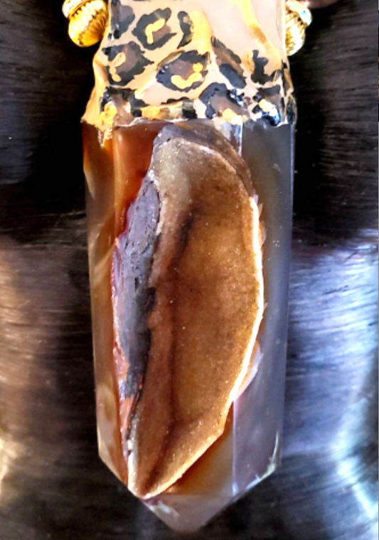 Chest Piece Tribal Obelisk Brown Druzy Crystals, Talisman Geode Leo