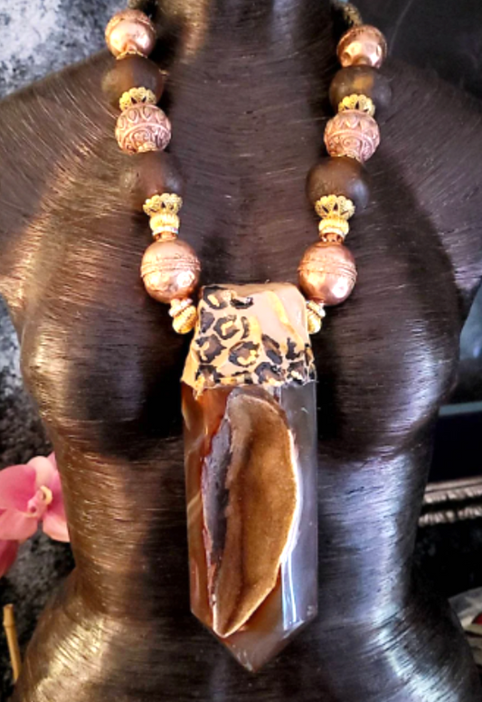 Earthy Druzy Agate Sculpted Tower for Men - Oversized Beaded Necklace