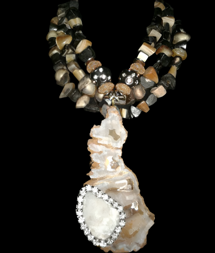 Fossilized Coral Geode Gemstone Pendant & Bone Statement Necklace