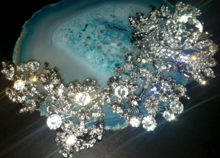 Teal Agate & Rhinestone Bridal Wedding Statement Cuff - Bling Bling