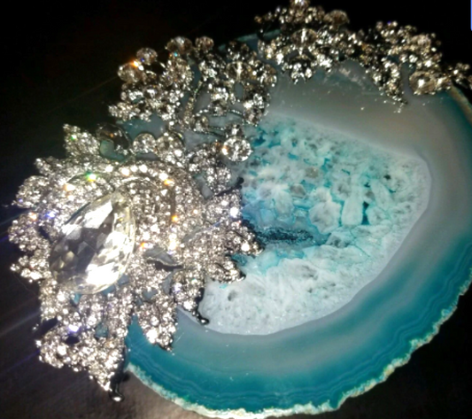 Teal Agate & Rhinestone Bridal Wedding Statement Cuff - Bling Bling