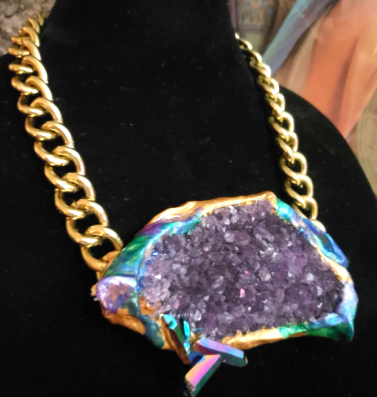 Sculpted Amethyst Unisex Chest Piece & Bold Brass Chain Purple Cr