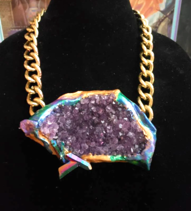 Sculpted Amethyst Unisex Chest Piece & Bold Brass Chain Purple Cr