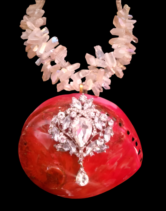 Red Abalone Shell & Rhinestone Jewel - Angel Aura Branch Quartz Choker