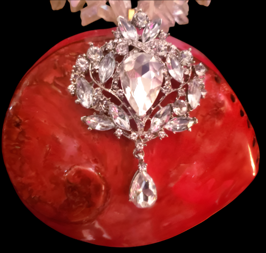 Statement Gemstone Pendant Red Abalone Shell & Rhinestone Jewel, Luxur