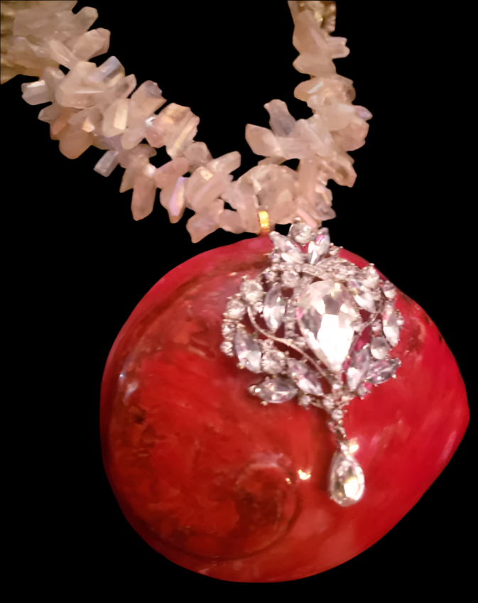 Statement Gemstone Pendant Red Abalone Shell & Rhinestone Jewel, Luxur