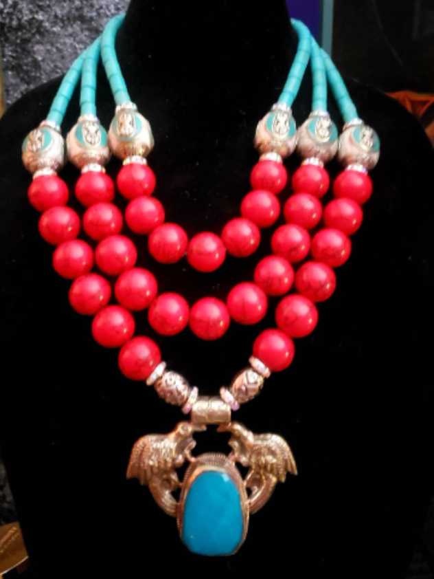 Red White & Blue Beaded Luxury Necklace & Double Bird Gemstone Pendant