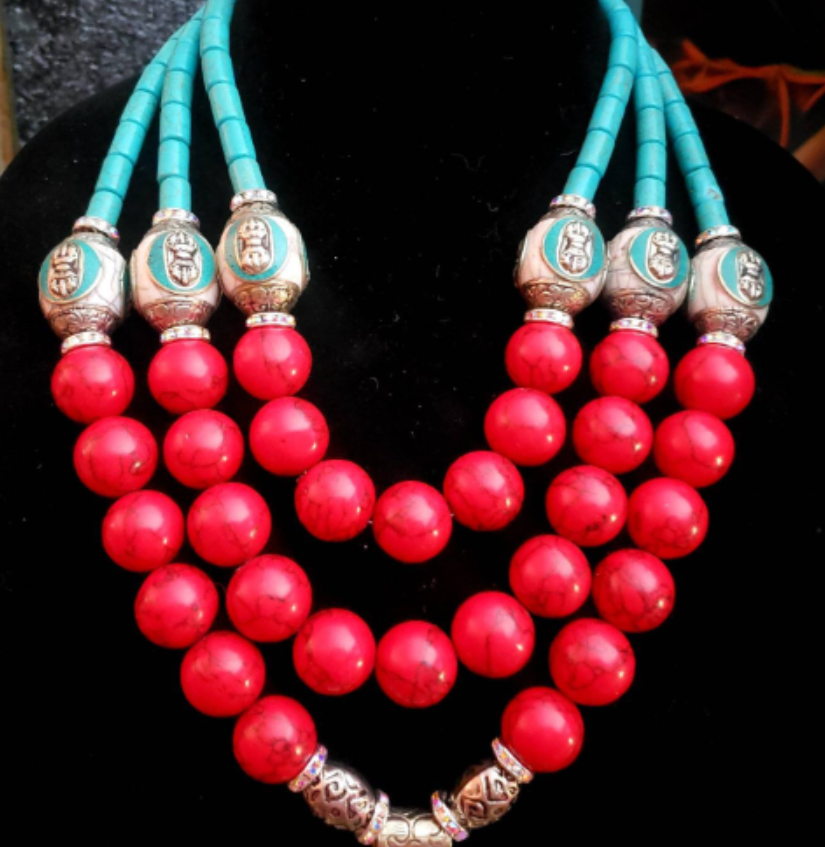 Red White & Blue Beaded Luxury Necklace & Double Bird Gemstone Pendant