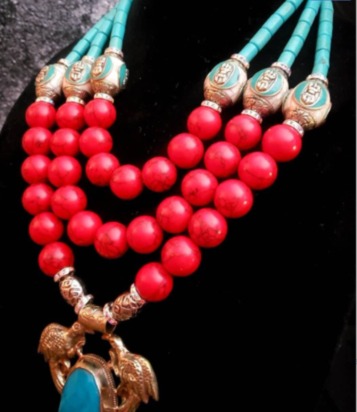 Red White & Blue Beaded Luxury Necklace & Double Bird Gemstone Pendant