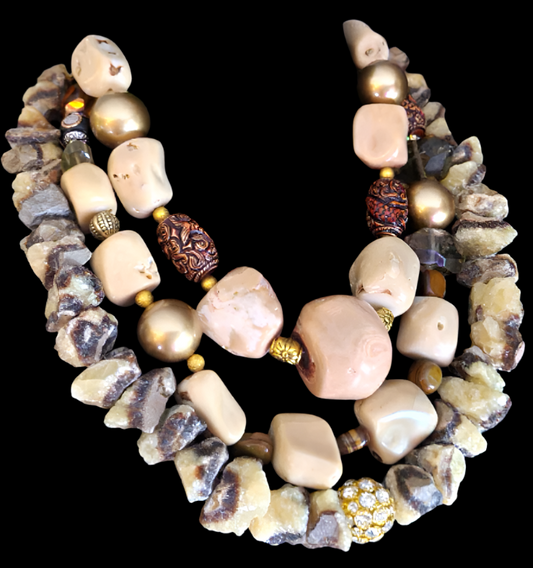Earth Tone Coral and Septarian Nugget Beaded Statement Luxury Necklace