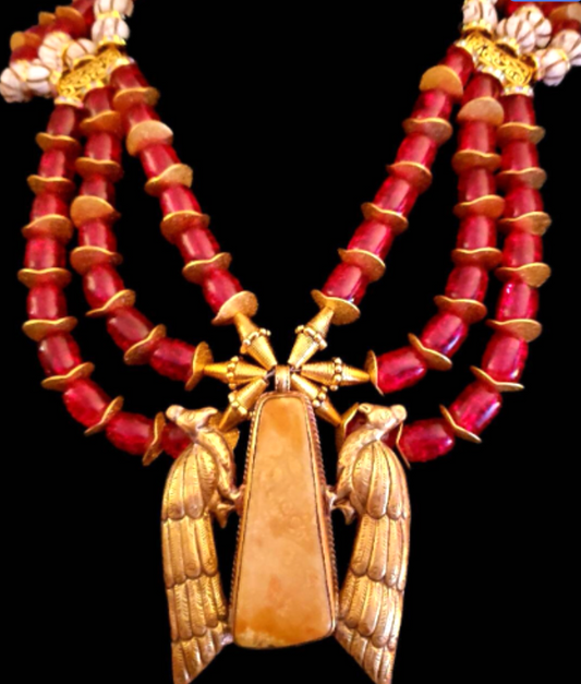Tibetan Brass Double Peacock Gemstone Pendant Beaded Chest Piece Rus