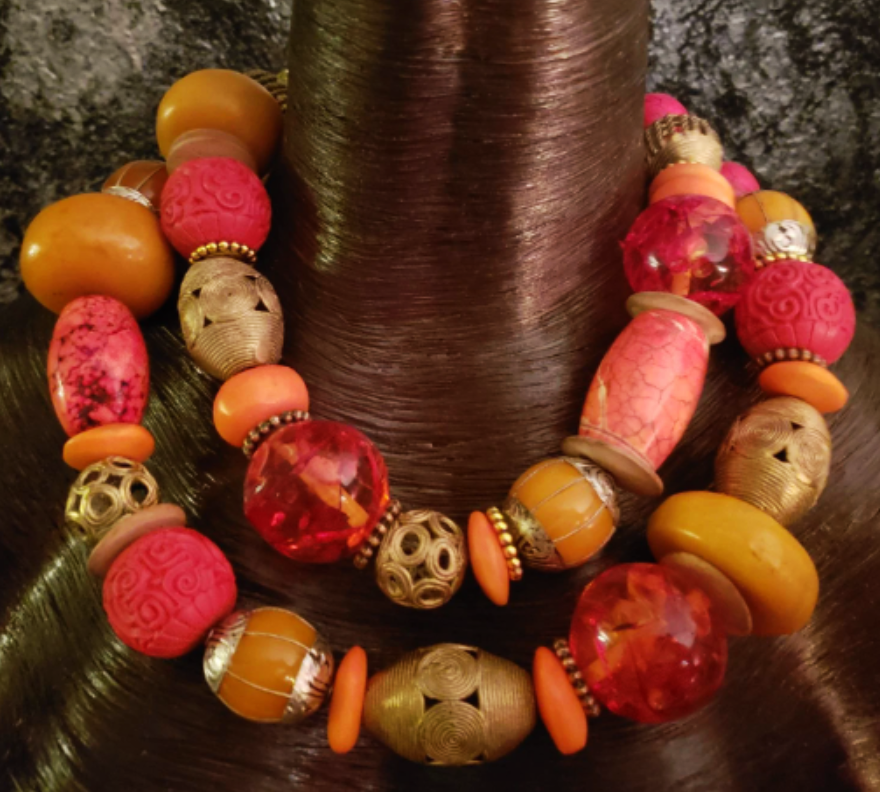 Luxury Ethnic Orange Red Gold & Yellow Huge Beaded Necklace - Dramatic