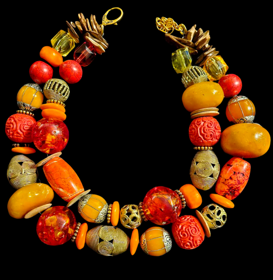 Luxury Ethnic Orange Red Gold & Yellow Huge Beaded Necklace - Dramatic