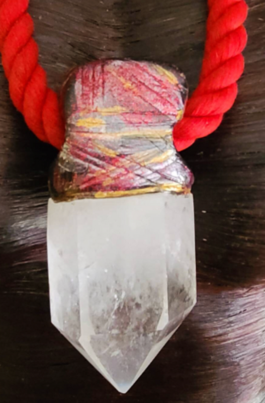 Clear Quartz Point Sculpted Tower Pendant with a Burnished Red Rope