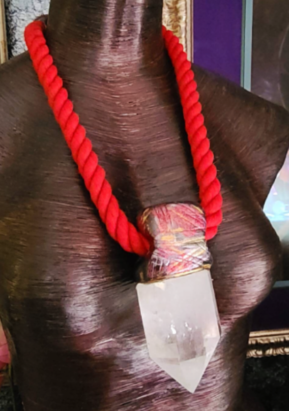 Clear Quartz Point Sculpted Tower Pendant with a Burnished Red Rope