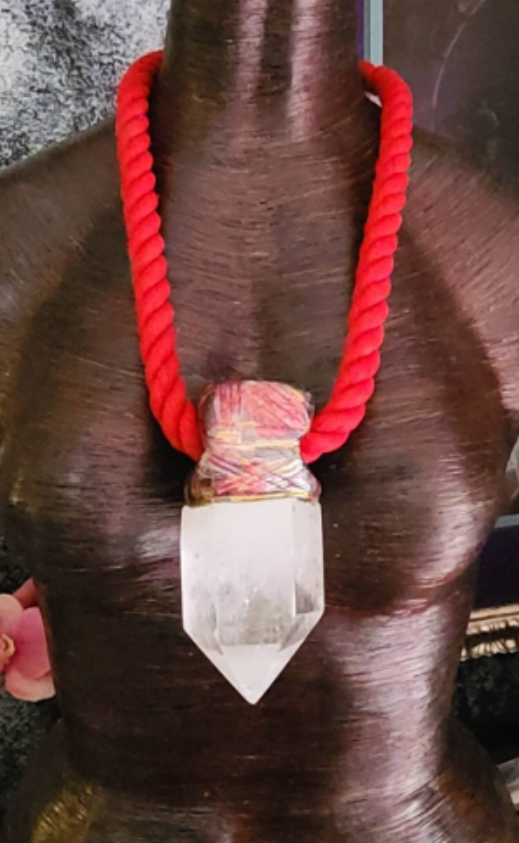 Clear Quartz Point Sculpted Tower Pendant with a Burnished Red Rope