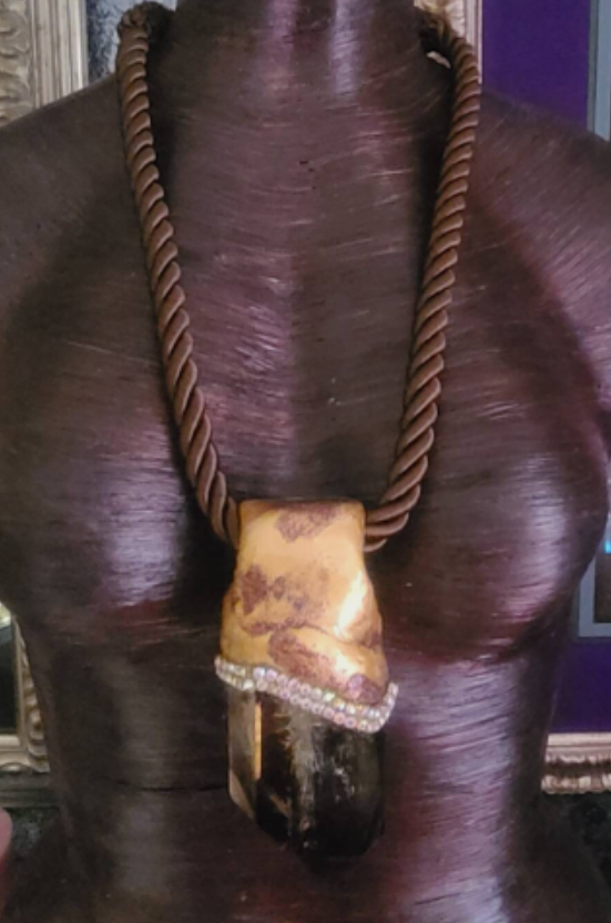Smoky Quartz Point Silk Rope Statement Gemstone Pendant, Sculpted Gems