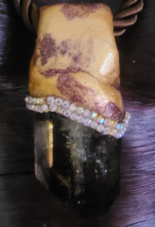 Smoky Quartz Point Silk Rope Statement Gemstone Pendant, Sculpted Gems