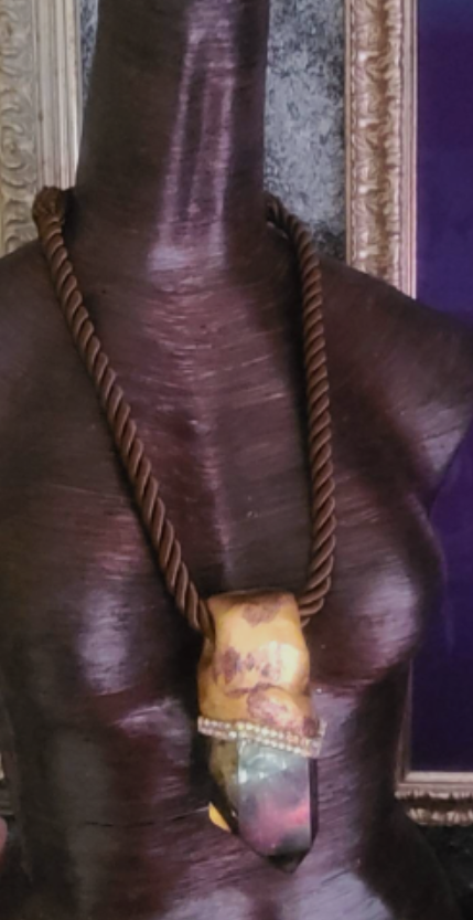 Smoky Quartz Point Silk Rope Statement Gemstone Pendant, Sculpted Gems
