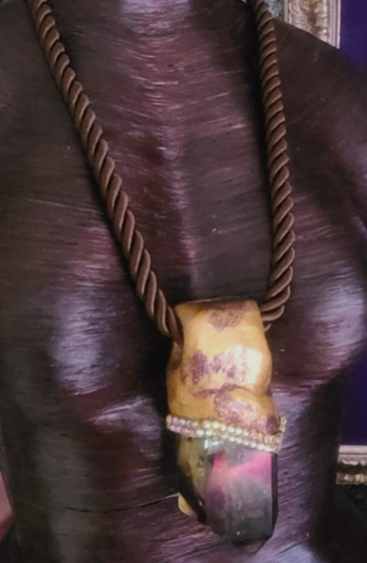 Sculpted Smoky Quartz Point with Rhinestone Trim - Silk Cord Necklace