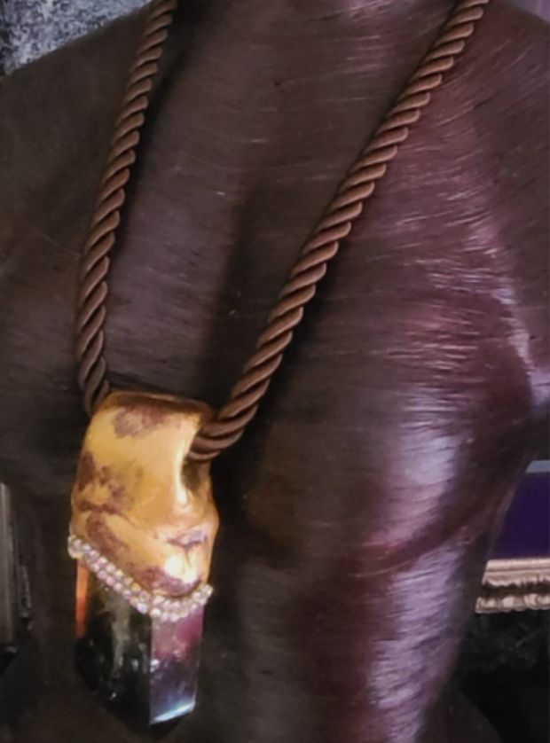 Smoky Quartz Point Silk Rope Statement Gemstone Pendant, Sculpted Gems