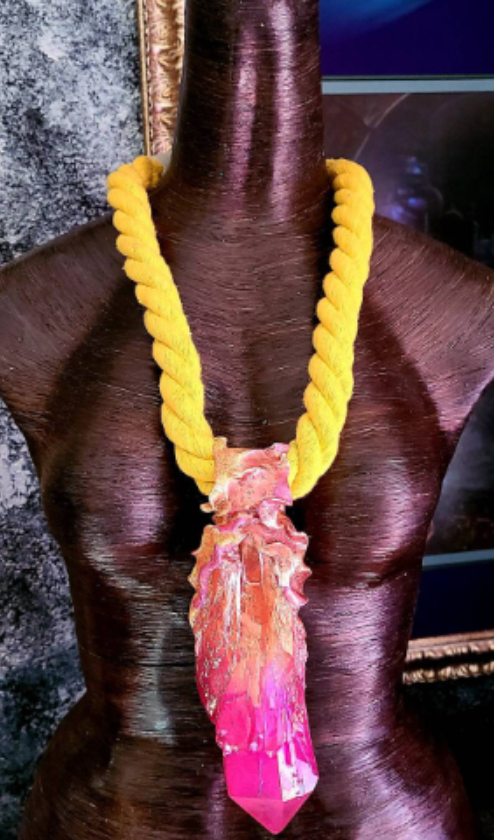 Hot Pink Crystal Quartz With Yellow Rope Talisman, Bold Rough Gemst