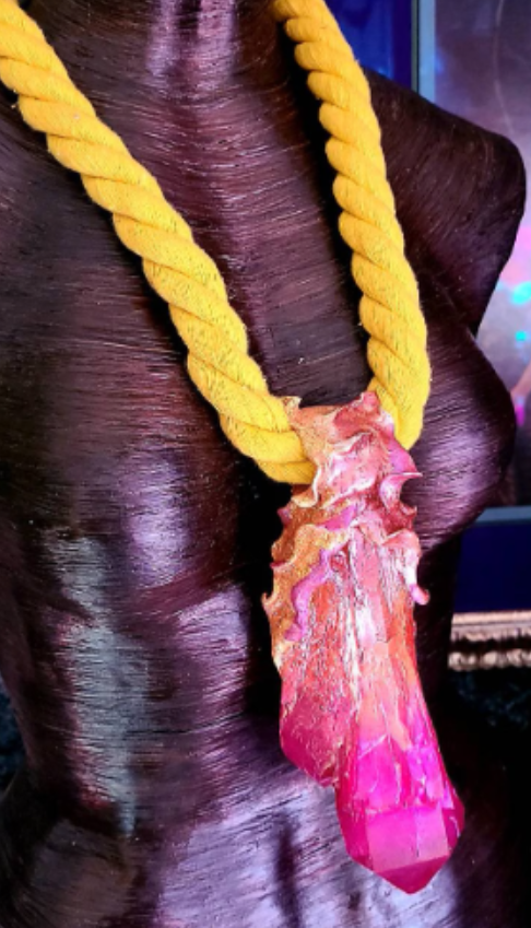 Hot Pink Crystal Quartz With Yellow Rope Talisman, Bold Rough Gemst
