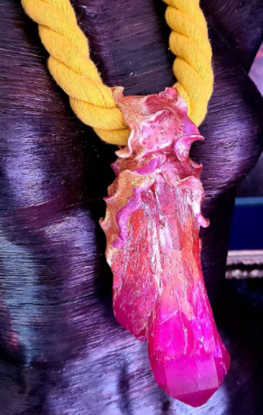 Hot Pink Crystal Quartz With Yellow Rope Talisman, Bold Rough Gemst