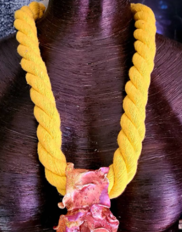 Hot Pink Crystal Quartz With Yellow Rope Talisman, Bold Rough Gemst