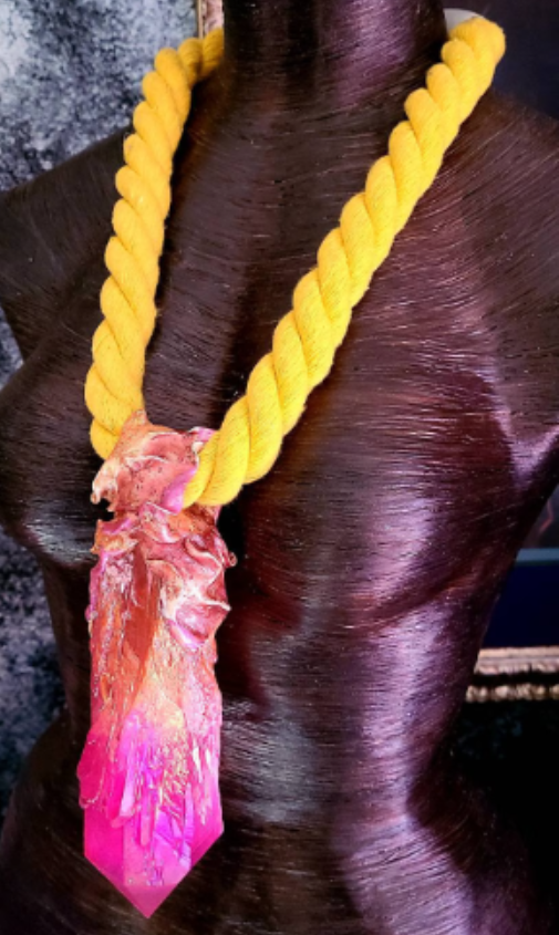 Hot Pink Crystal Quartz With Yellow Rope Talisman, Bold Rough Gemst