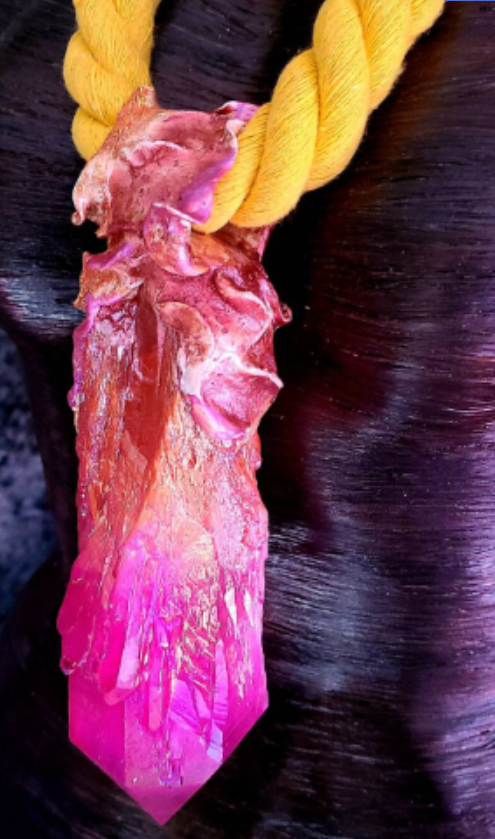 Hot Pink Crystal Quartz With Yellow Rope Talisman, Bold Rough Gemst