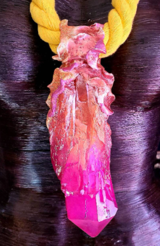 Hot Pink Crystal Quartz With Yellow Rope Talisman, Bold Rough Gemst